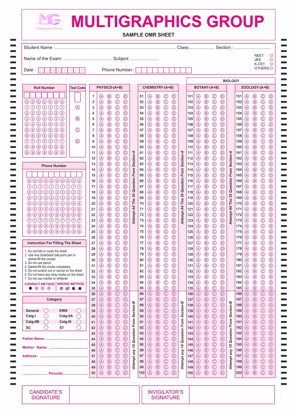 feed back omr sheet